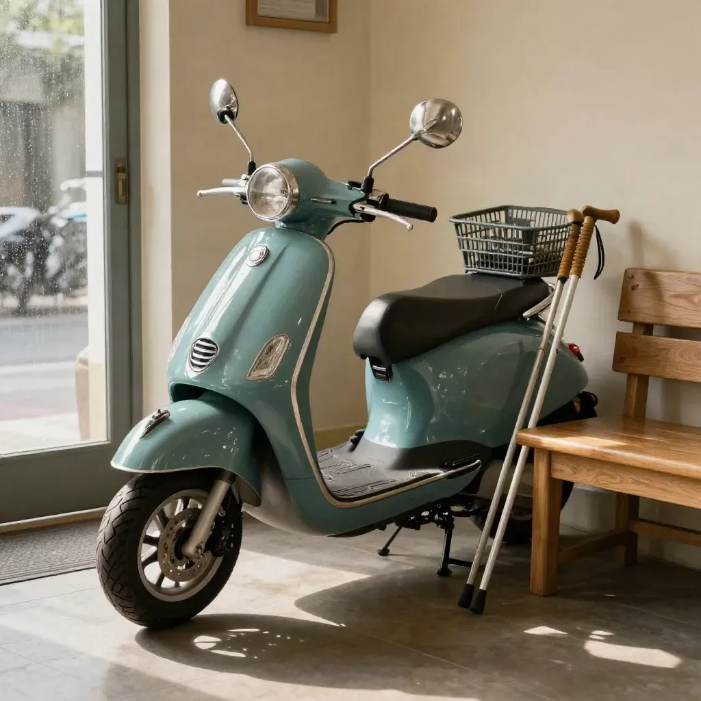 Teal boot scooter in a bright hallway with folded basket and walking sticks, ready for a local trip.