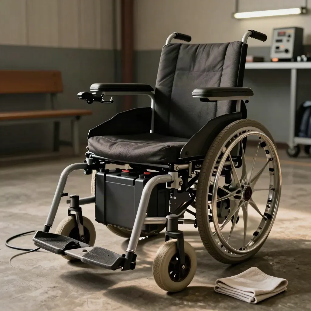A repaired powerchair in a moody service bay, battery fitted and brakes checked