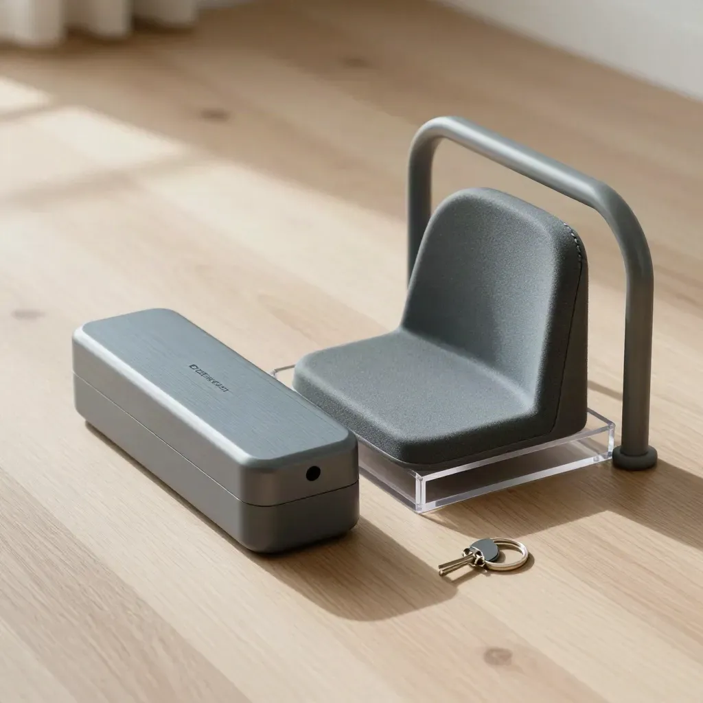 Top-down still life of mobility aid samples with a battery pack, cushion panel, stair rail curve and key ring