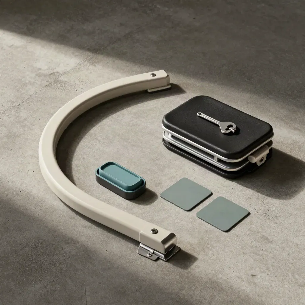 Overhead flatlay of stairlift fit hardware on concrete with bracket, key, cradle and floor pads.