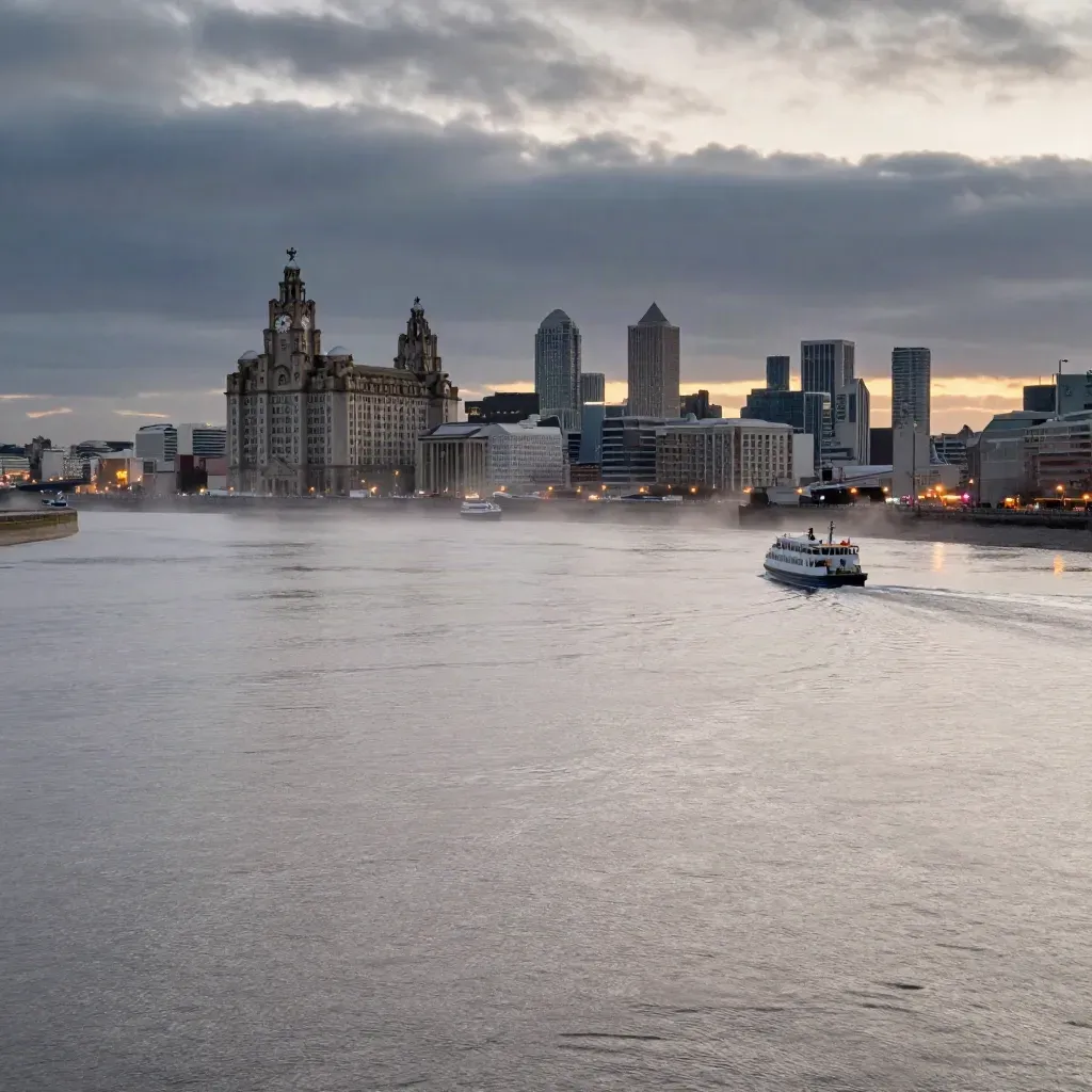 Liverpool waterfront at blue hour with the Mersey, ferries, and softened skyline in haze.